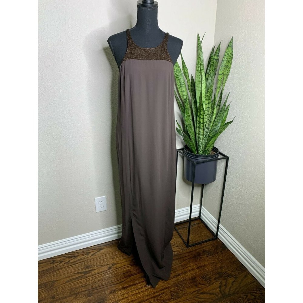Gianfranco Ferré Italy Brown beaded high neck gown